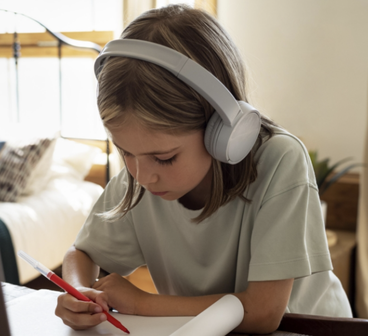 Student writing with headphones