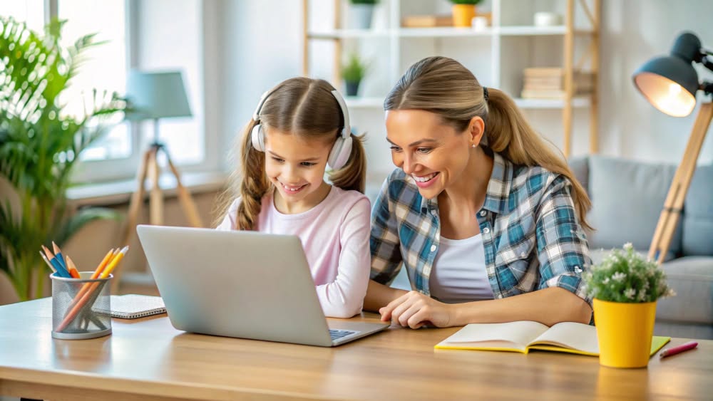 Young girl with headphones smiling during online elementary school class